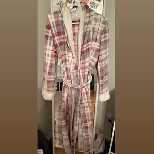 pink gray and white plaid robe